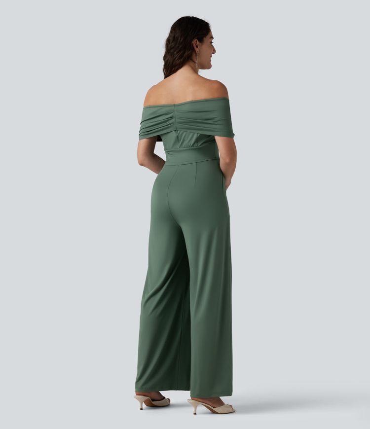 Off Shoulder Short Sleeve Built-in Bra Casual Jumpsuit with Pockets-Easy Peezy Edition Off Shoulder Short Sleeve Built-in Bra Casual Jumpsuit with Pockets-Easy Peezy Edition