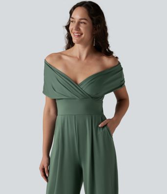 Off Shoulder Short Sleeve Built-in Bra Casual Jumpsuit with Pockets-Easy Peezy Edition Off Shoulder Short Sleeve Built-in Bra Casual Jumpsuit with Pockets-Easy Peezy Edition
