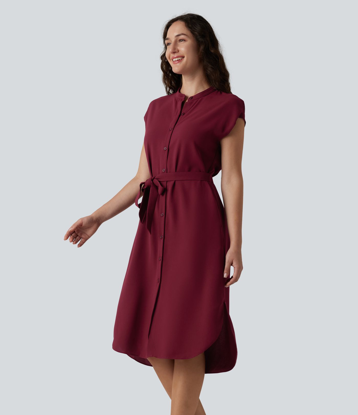 Short Sleeve Belted Curved Hem Midi Work Shirt Dress with Pockets