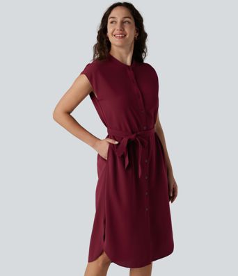 Short Sleeve Belted Curved Hem Midi Work Shirt Dress with Pockets