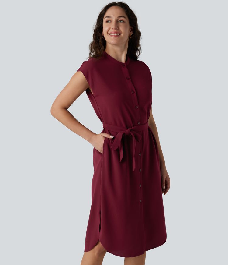 Short Sleeve Belted Curved Hem Midi Work Shirt Dress with Pockets