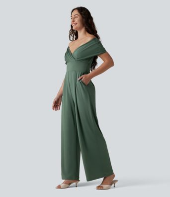 Off Shoulder Short Sleeve Built-in Bra Casual Jumpsuit with Pockets-Easy Peezy Edition Off Shoulder Short Sleeve Built-in Bra Casual Jumpsuit with Pockets-Easy Peezy Edition