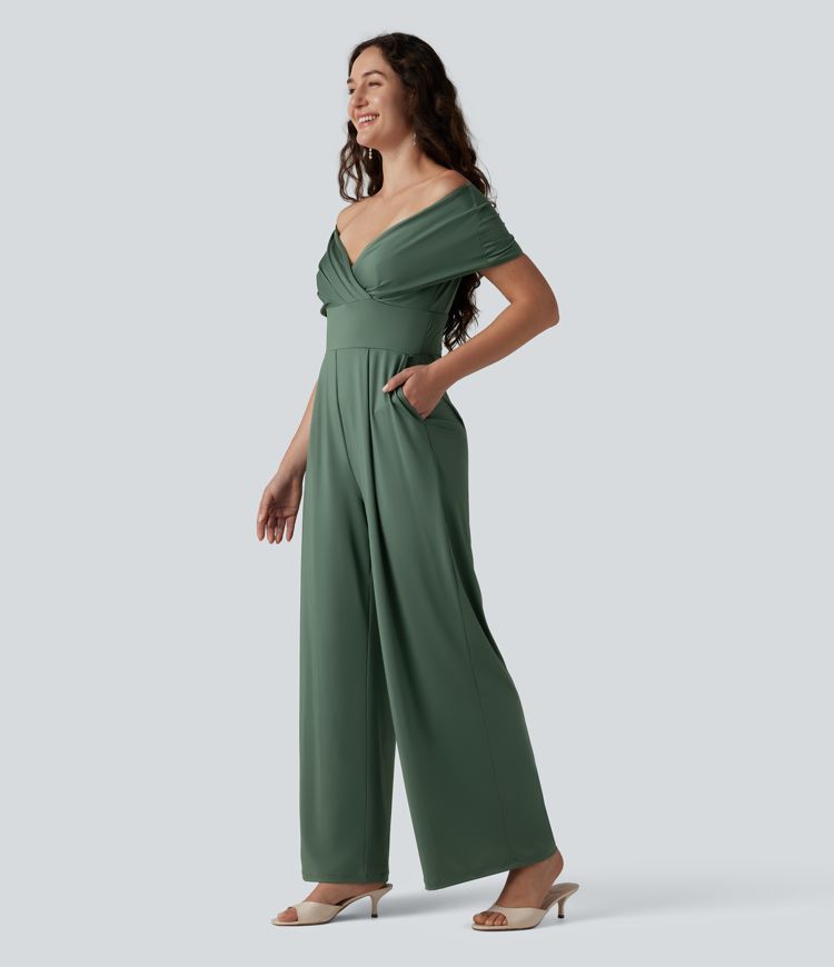 Off Shoulder Short Sleeve Built-in Bra Casual Jumpsuit with Pockets-Easy Peezy Edition Off Shoulder Short Sleeve Built-in Bra Casual Jumpsuit with Pockets-Easy Peezy Edition