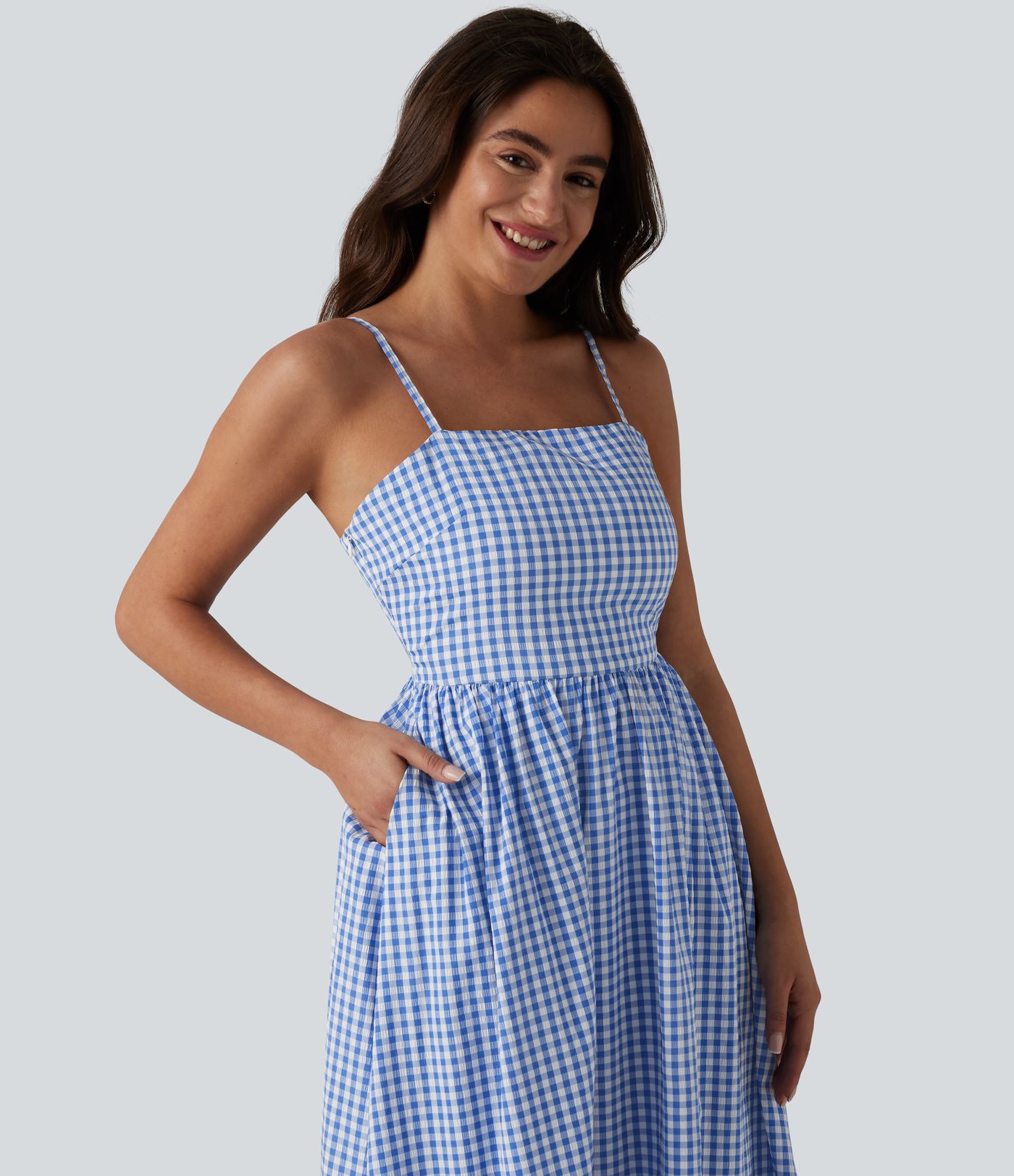 Lässiges, fließendes Maxikleid mit Seitentaschen, Karomuster und verstecktem Reißverschluss