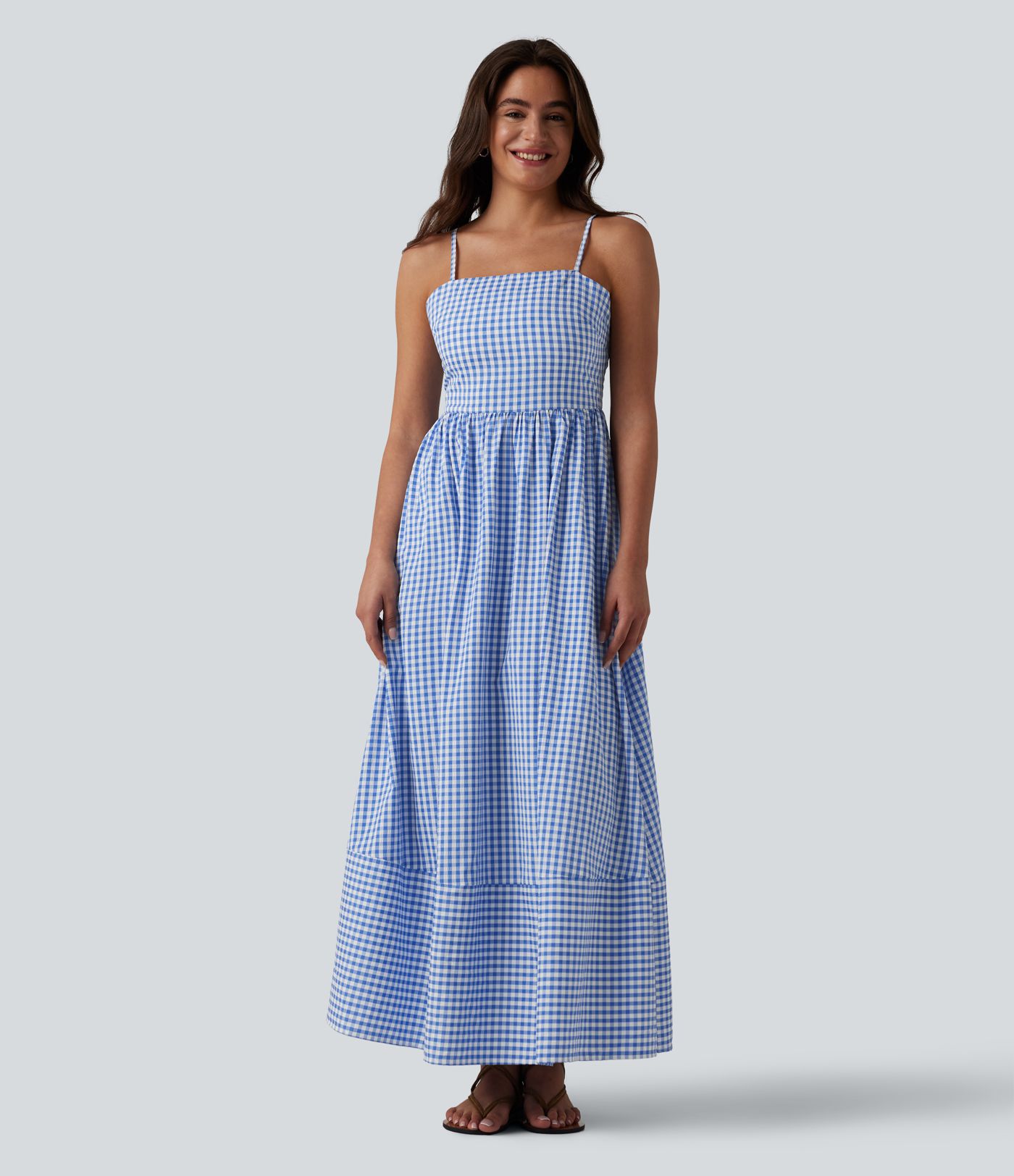 Lässiges, fließendes Maxikleid mit Seitentaschen, Karomuster und verstecktem Reißverschluss