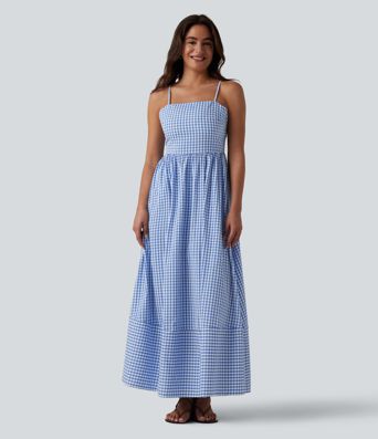 Lässiges, fließendes Maxikleid mit Seitentaschen, Karomuster und verstecktem Reißverschluss