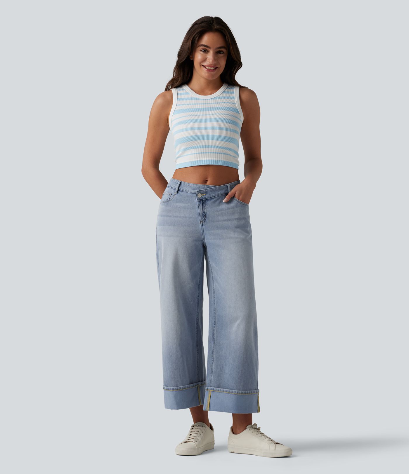 Halara Flex™ Asymmetric Mid Rise Rolled Hem Wide Leg Casual Jeans with Pockets