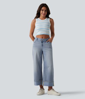 Halara Flex™ Asymmetric Mid Rise Rolled Hem Wide Leg Casual Jeans with Pockets