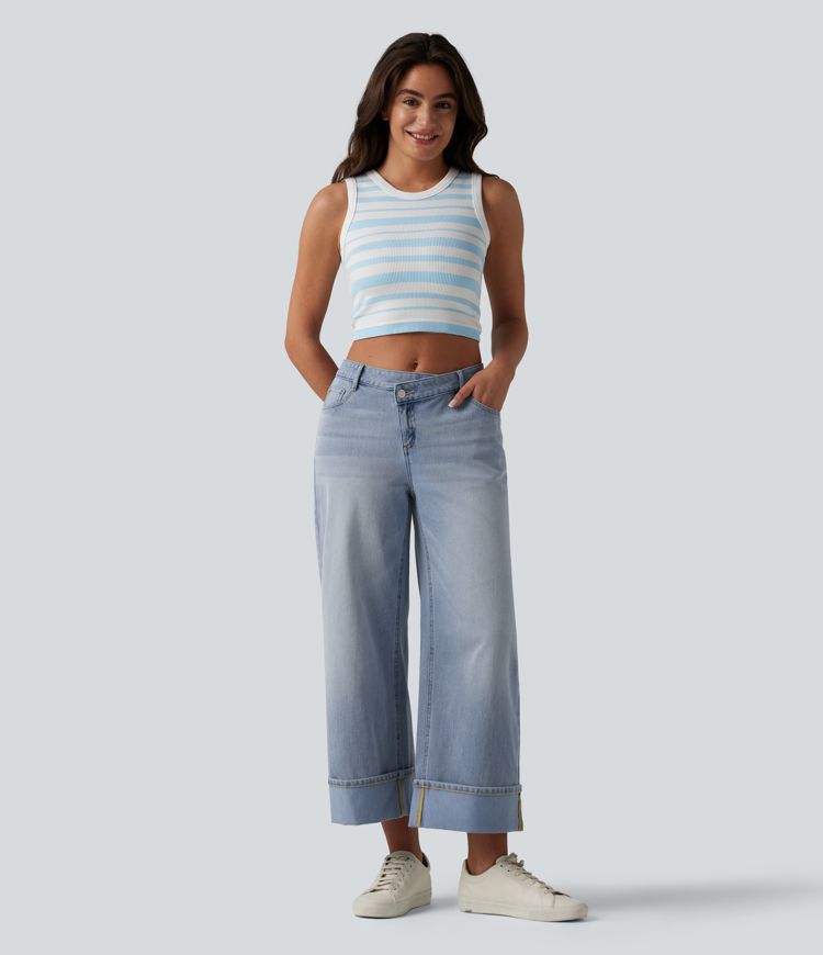 Halara Flex™ Asymmetric Mid Rise Rolled Hem Wide Leg Casual Jeans with Pockets