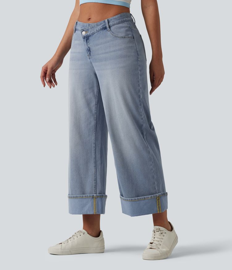 Halara Flex™ Asymmetric Mid Rise Rolled Hem Wide Leg Casual Jeans with Pockets