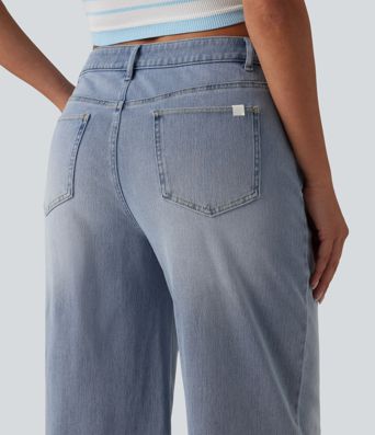Halara Flex™ Asymmetric Mid Rise Rolled Hem Wide Leg Casual Jeans with Pockets
