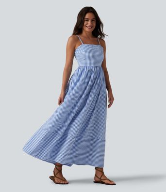 Lässiges, fließendes Maxikleid mit Seitentaschen, Karomuster und verstecktem Reißverschluss