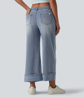 Halara Flex™ Asymmetric Mid Rise Rolled Hem Wide Leg Casual Jeans with Pockets