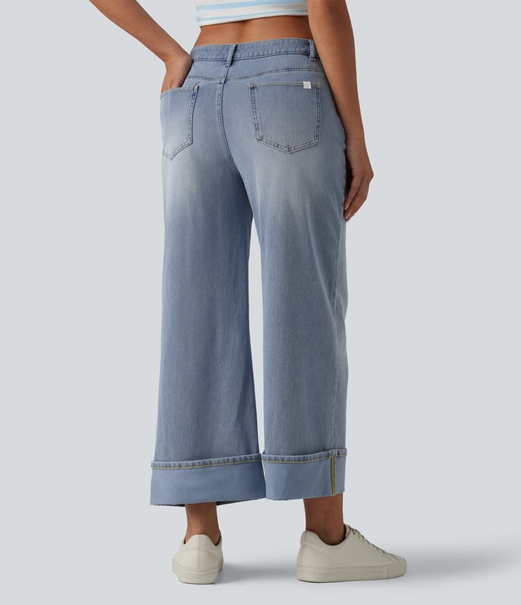 Halara Flex™ Asymmetric Mid Rise Rolled Hem Wide Leg Casual Jeans with Pockets