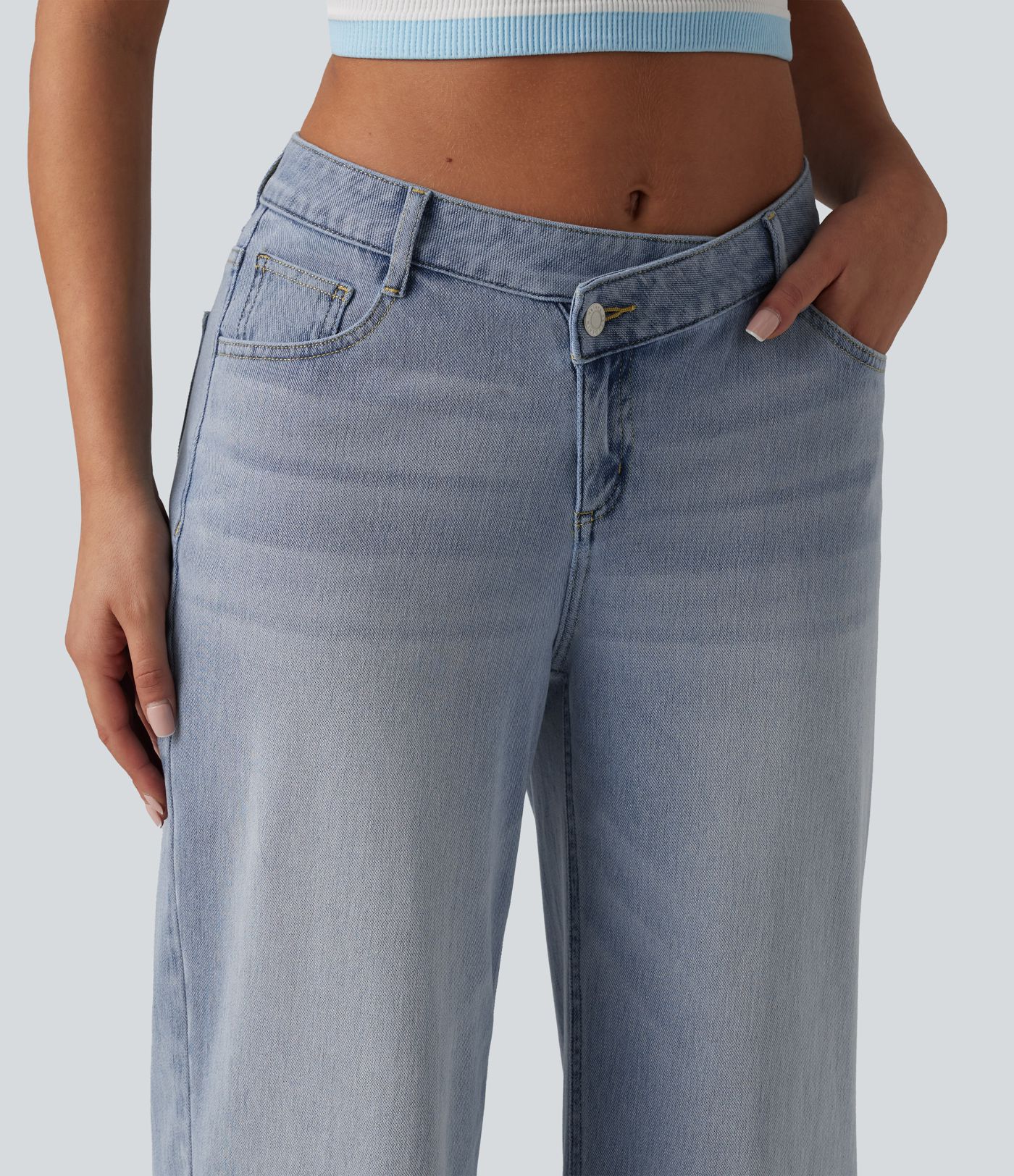Halara Flex™ Asymmetric Mid Rise Rolled Hem Wide Leg Casual Jeans with Pockets