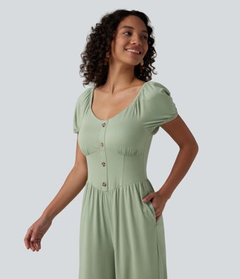 Combinaison-pantalon corset à manches courtes bouffantes et col en V, avec coussinets non amovibles et poches