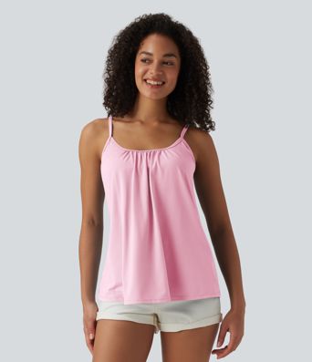 Adjustable Straps Ruched 2-in-1 Built-in Bra Casual Cami Top