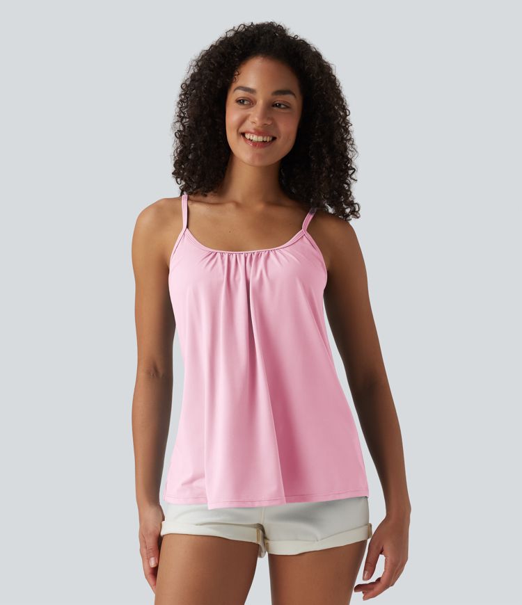 Adjustable Straps Ruched 2-in-1 Built-in Bra Casual Cami Top