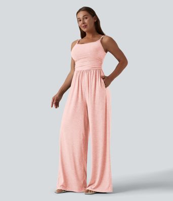 Adjustable Straps Ruched Wide Leg Heathered Casual Jumpsuit with Pockets-Easy Peezy