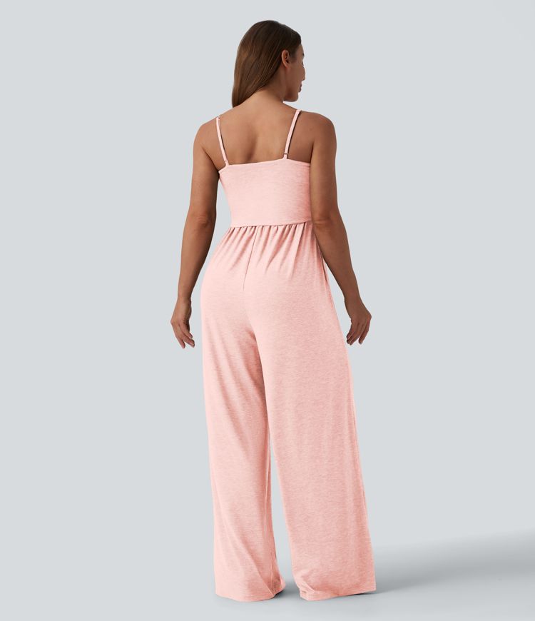 Adjustable Straps Ruched Wide Leg Heathered Casual Jumpsuit with Pockets-Easy Peezy