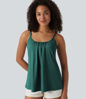 Adjustable Straps Ruched 2-in-1 Built-in Bra Casual Cami Top Adjustable Straps Ruched 2-in-1 Built-in Bra Casual Cami Top