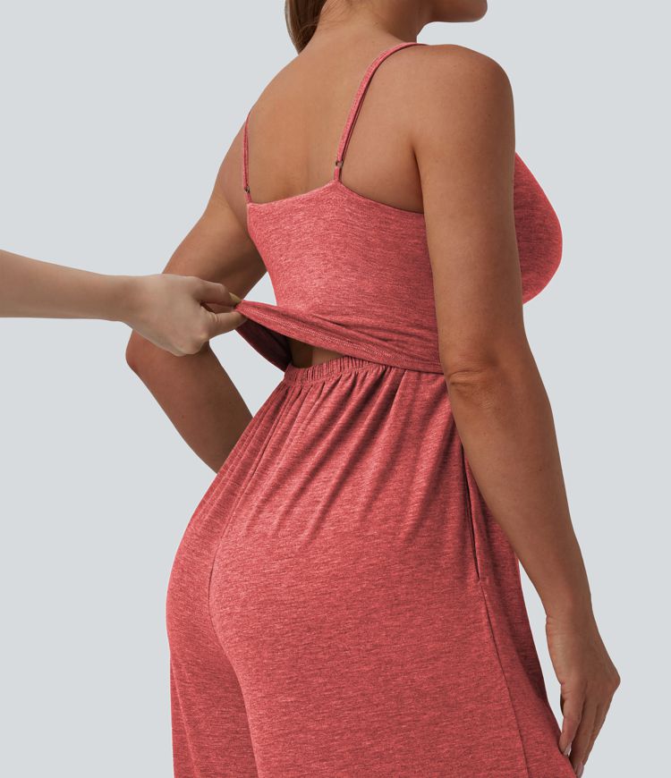 Adjustable Straps Ruched Wide Leg Heathered Casual Jumpsuit with Pockets-Easy Peezy