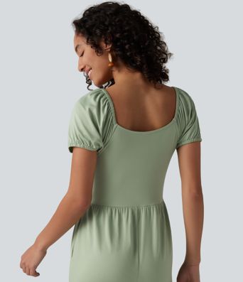 Combinaison-pantalon corset à manches courtes bouffantes et col en V, avec coussinets non amovibles et poches