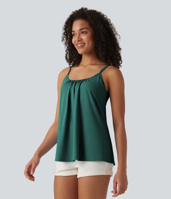 Adjustable Straps Ruched 2-in-1 Built-in Bra Casual Cami Top Adjustable Straps Ruched 2-in-1 Built-in Bra Casual Cami Top