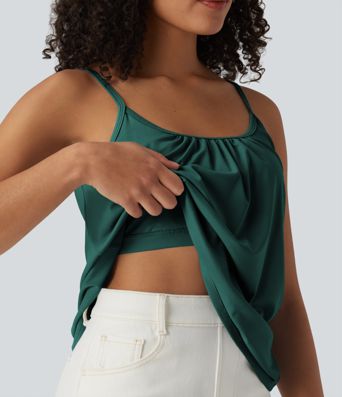 Adjustable Straps Ruched 2-in-1 Built-in Bra Casual Cami Top Adjustable Straps Ruched 2-in-1 Built-in Bra Casual Cami Top