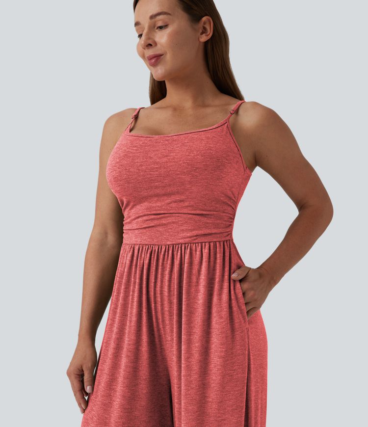Adjustable Straps Ruched Wide Leg Heathered Casual Jumpsuit with Pockets-Easy Peezy