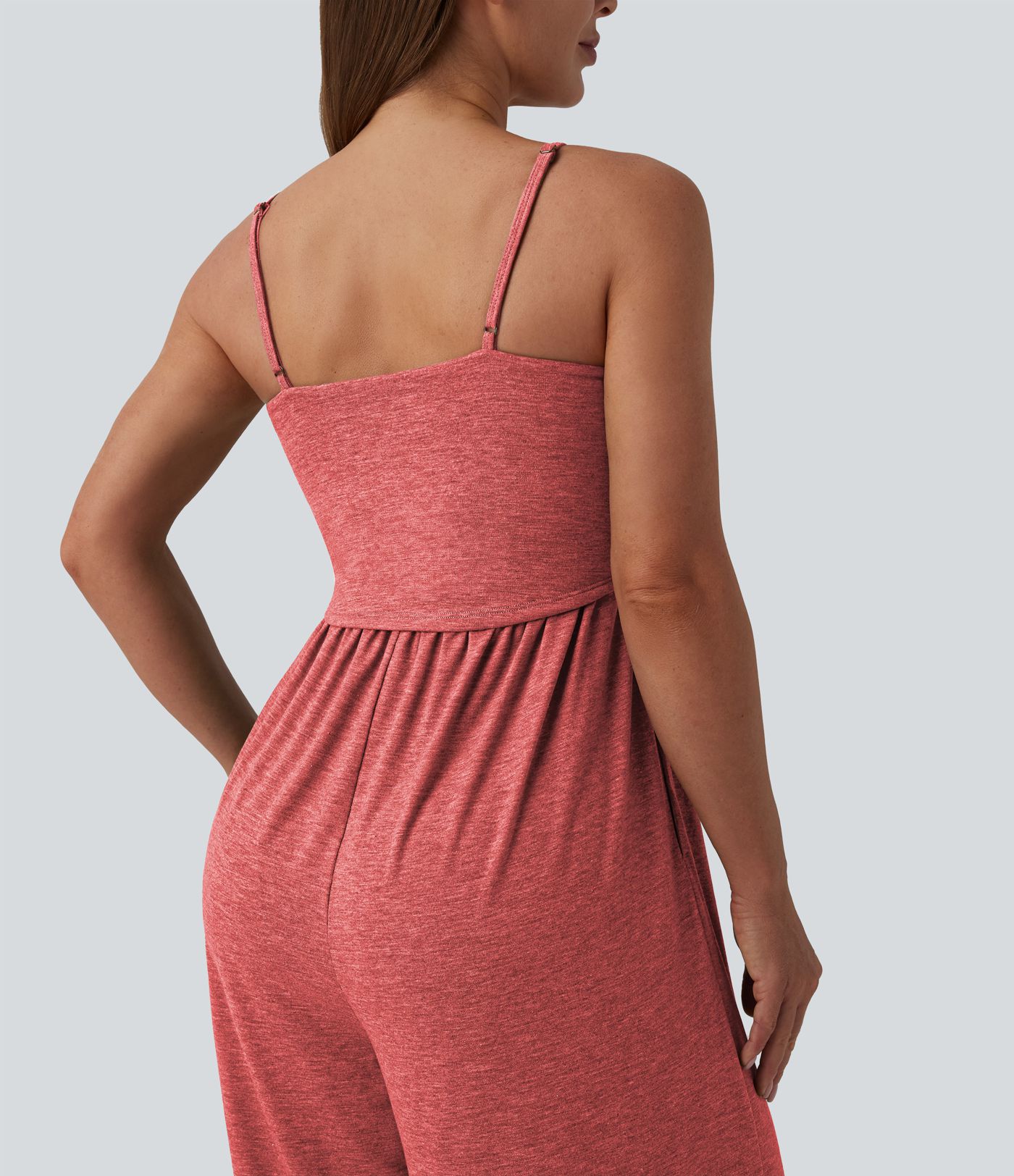 Adjustable Straps Ruched Wide Leg Heathered Casual Jumpsuit with Pockets-Easy Peezy
