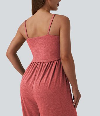 Adjustable Straps Ruched Wide Leg Heathered Casual Jumpsuit with Pockets-Easy Peezy