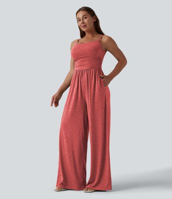 Adjustable Straps Ruched Wide Leg Heathered Casual Jumpsuit with Pockets-Easy Peezy