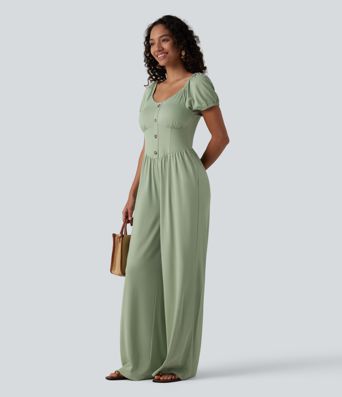 Combinaison-pantalon corset à manches courtes bouffantes et col en V, avec coussinets non amovibles et poches