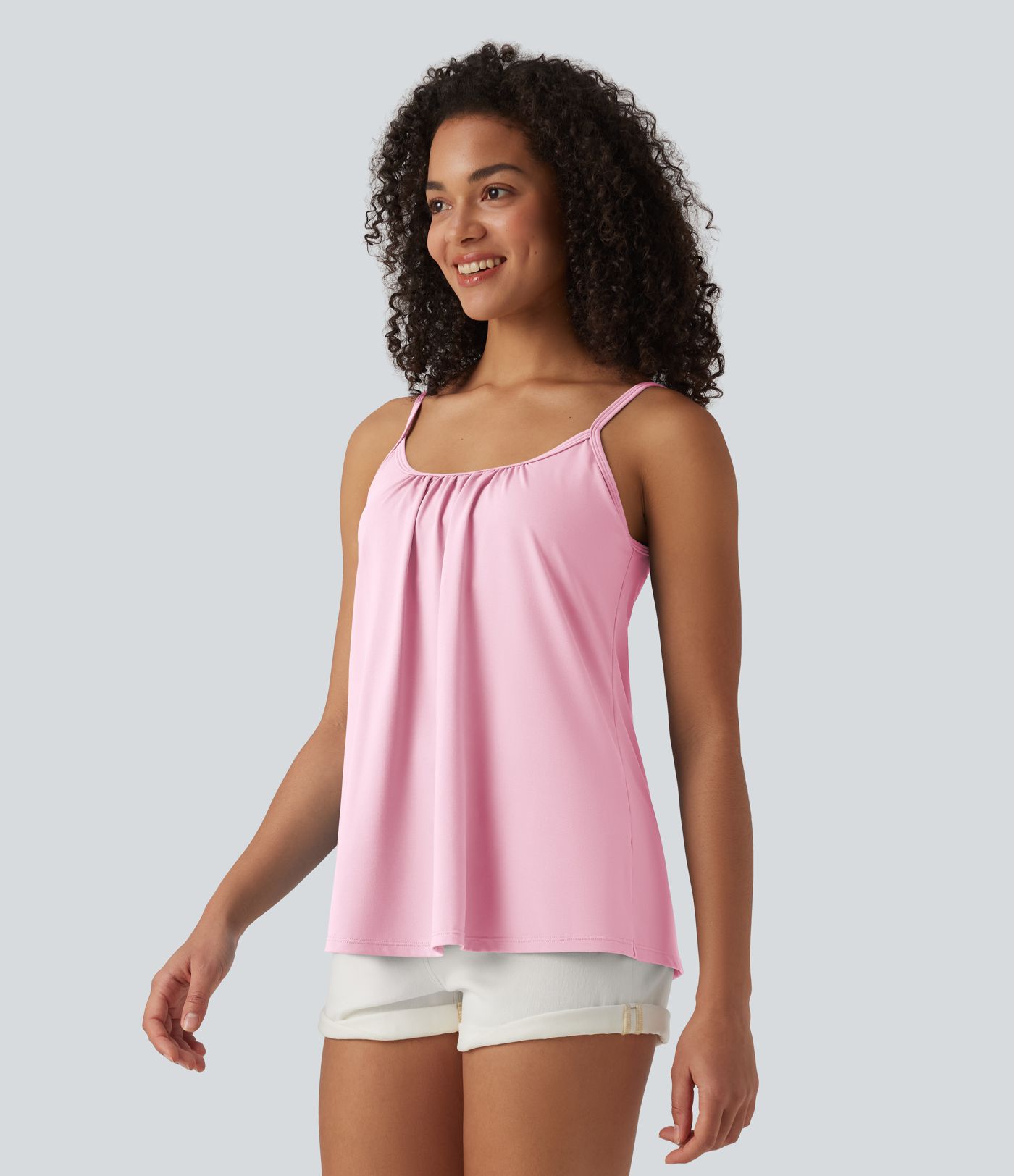 Adjustable Straps Ruched 2-in-1 Built-in Bra Casual Cami Top
