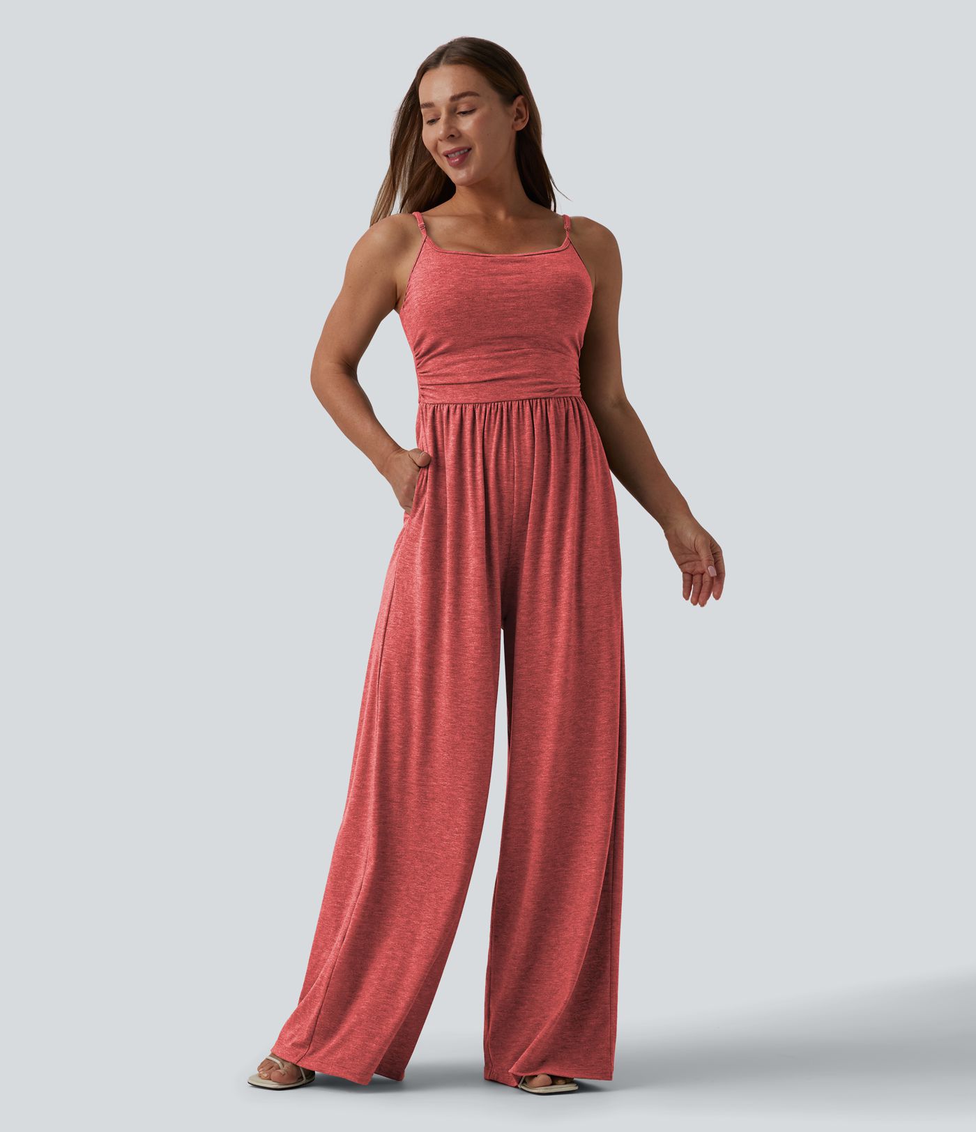 Adjustable Straps Ruched Wide Leg Heathered Casual Jumpsuit with Pockets-Easy Peezy