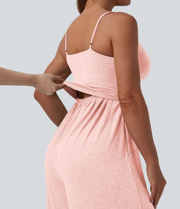 Adjustable Straps Ruched Wide Leg Heathered Casual Jumpsuit with Pockets-Easy Peezy