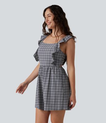 Tuta corta casual a quadri con scollatura posteriore annodata, volant, effetto stropicciato, asciugatura rapida e tasche — Facilissima