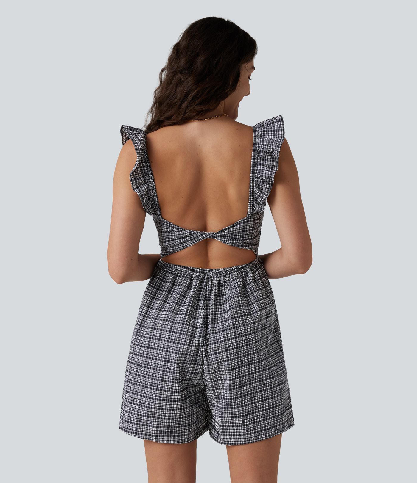 Twisted Backless Ruffle Plaid Crinkle Quick Dry Casual Romper with Pockets-Easy Peezy Twisted Backless Ruffle Plaid Crinkle Quick Dry Casual Romper with Pockets-Easy Peezy