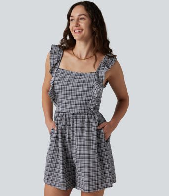 Tuta corta casual a quadri con scollatura posteriore annodata, volant, effetto stropicciato, asciugatura rapida e tasche — Facilissima