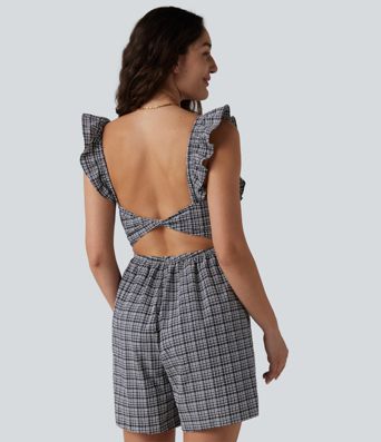 Tuta corta casual a quadri con scollatura posteriore annodata, volant, effetto stropicciato, asciugatura rapida e tasche — Facilissima