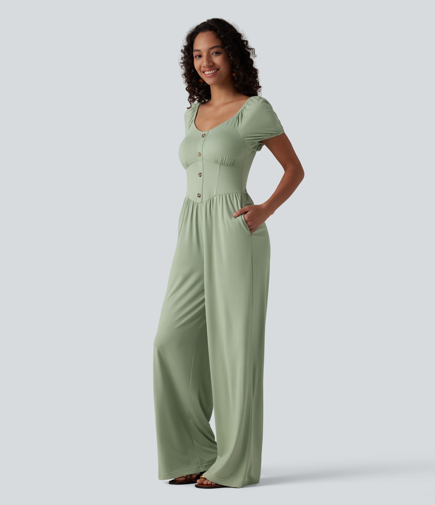 Combinaison-pantalon corset à manches courtes bouffantes et col en V, avec coussinets non amovibles et poches