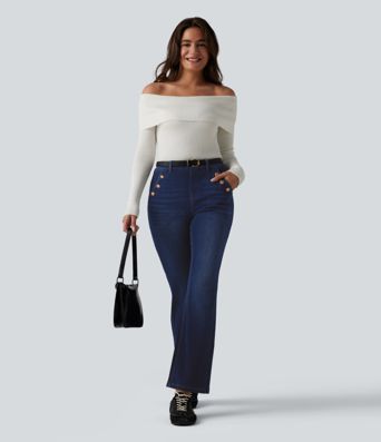 Halara Flex™ Mid Rise Decorative Buttons Casual Bootcut Jeans with Pockets