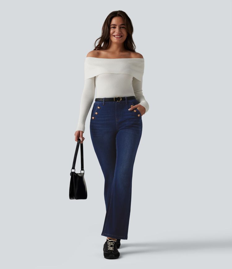 Halara Flex™ Mid Rise Decorative Buttons Casual Bootcut Jeans with Pockets