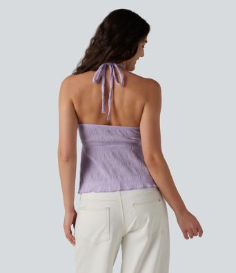 Halter Tie Back Built-in Bra Lettuce Trim Tank Top