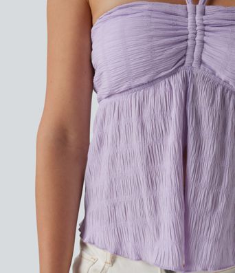 Halter Tie Back Built-in Bra Lettuce Trim Tank Top