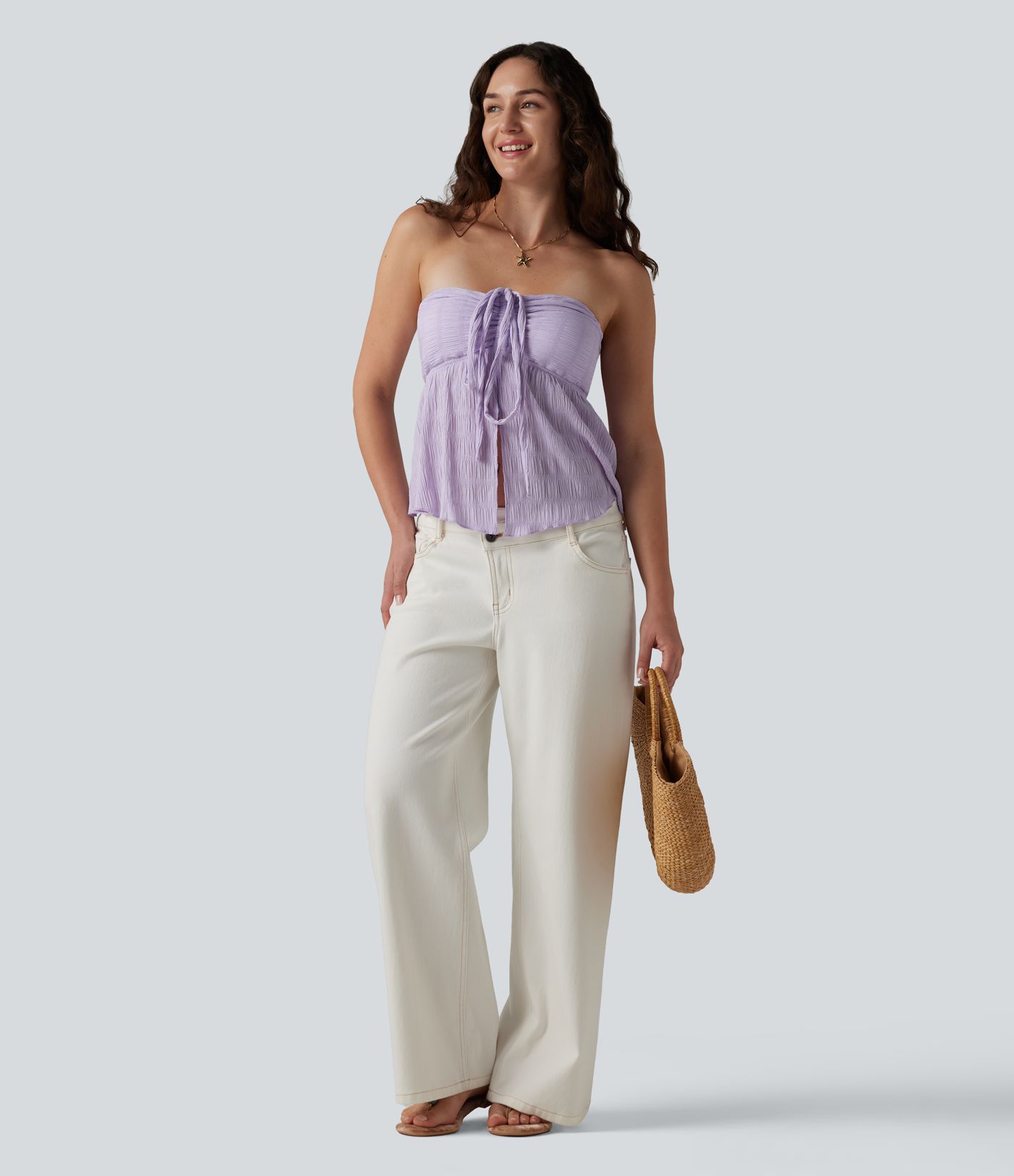 Halter Tie Back Built-in Bra Lettuce Trim Tank Top