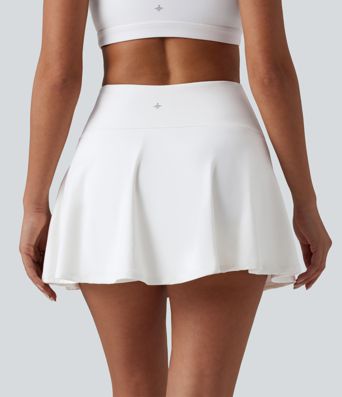 High Waisted Ruched Tummy Control 2-in-1 Cool Touch Quick Dry Mini Workout A-Line Skirt with Pockets-UPF50+