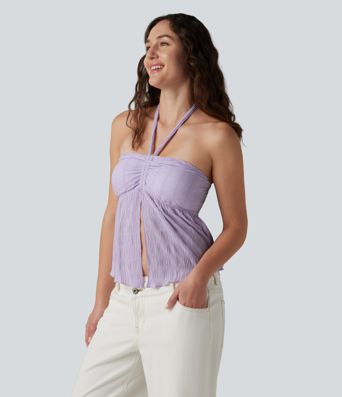 Halter Tie Back Built-in Bra Lettuce Trim Tank Top
