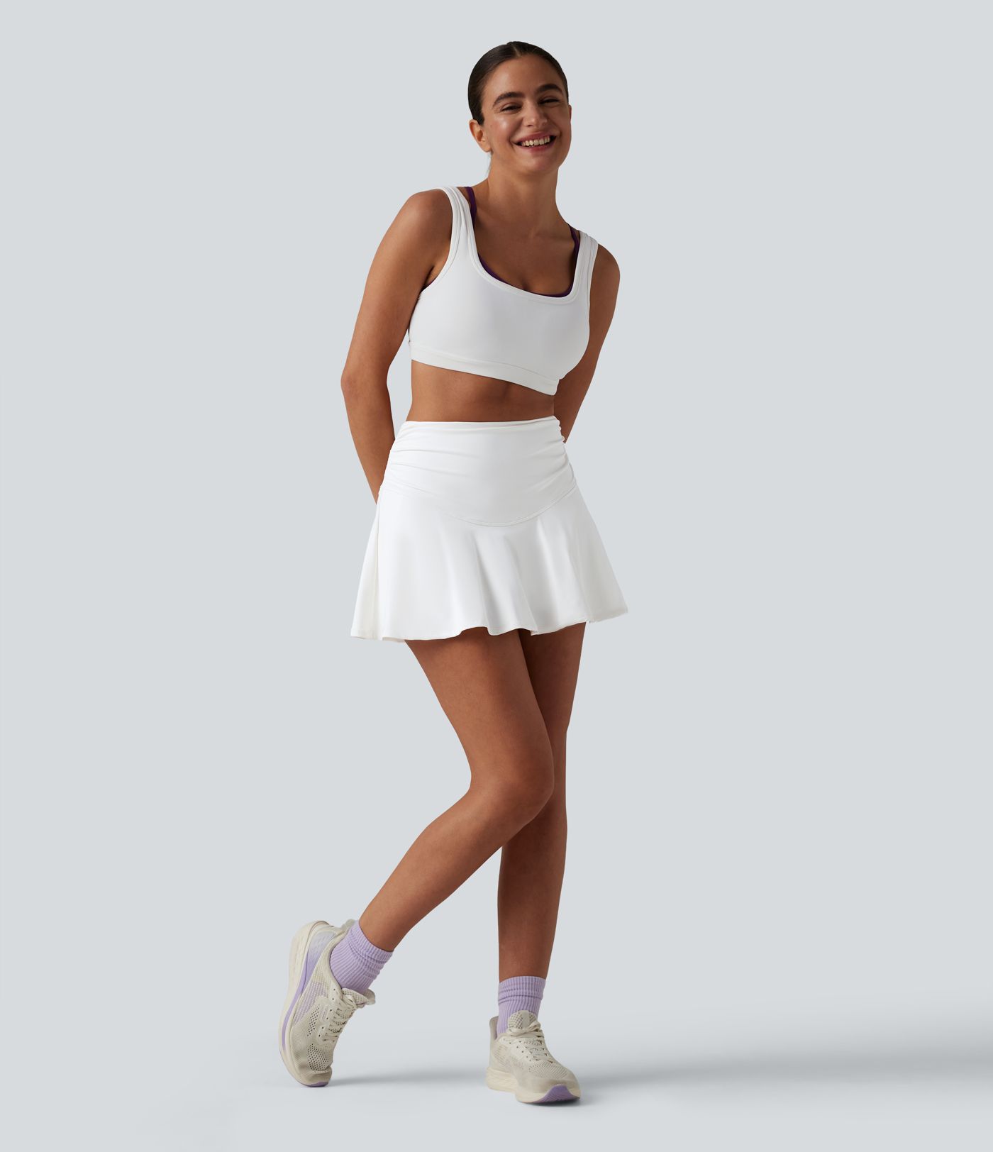 High Waisted Ruched Tummy Control 2-in-1 Cool Touch Quick Dry Mini Workout A-Line Skirt with Pockets-UPF50+